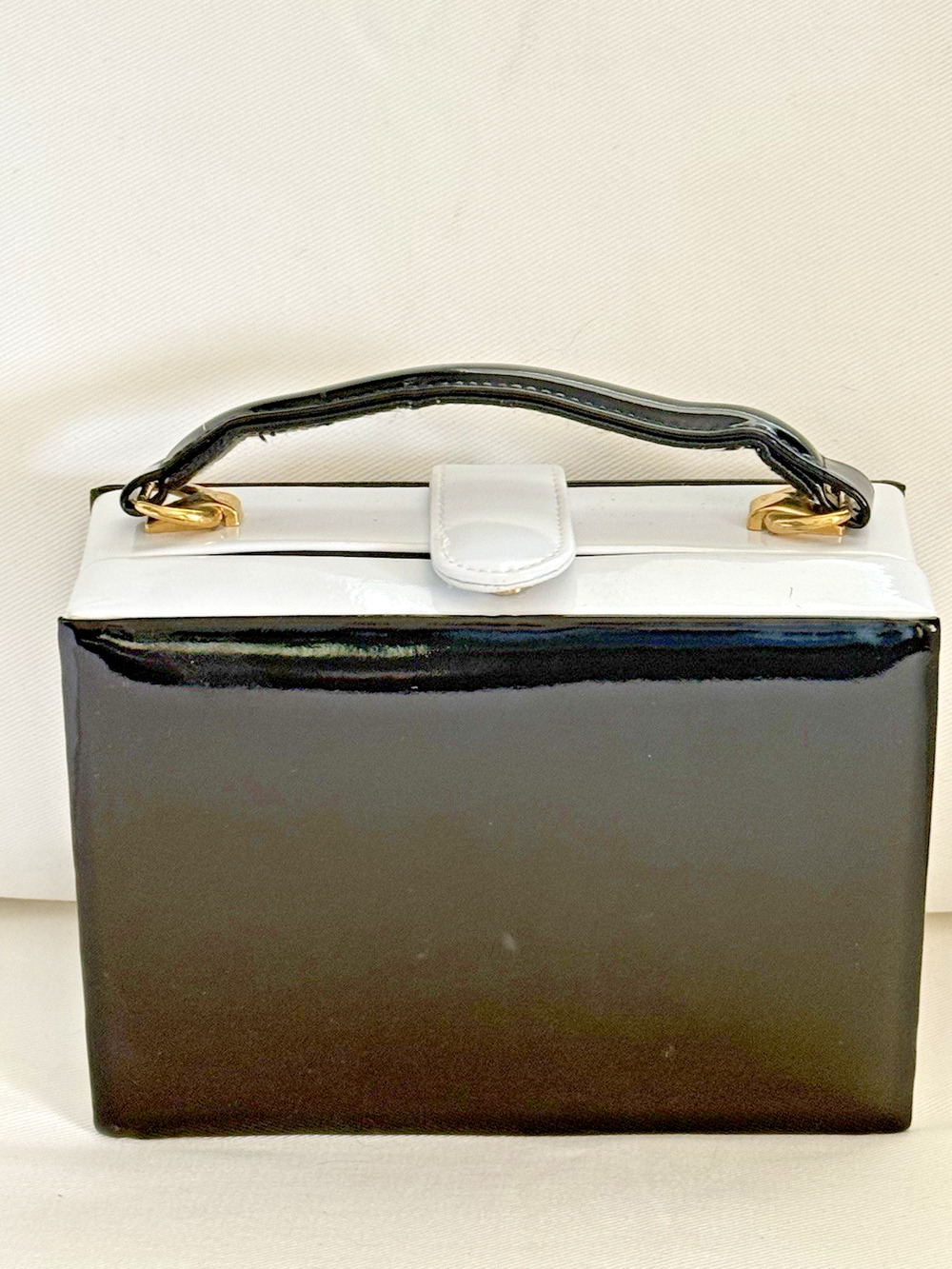 Retro Black White Patent Box Bag Top Handle Crossbody Gold Hardware